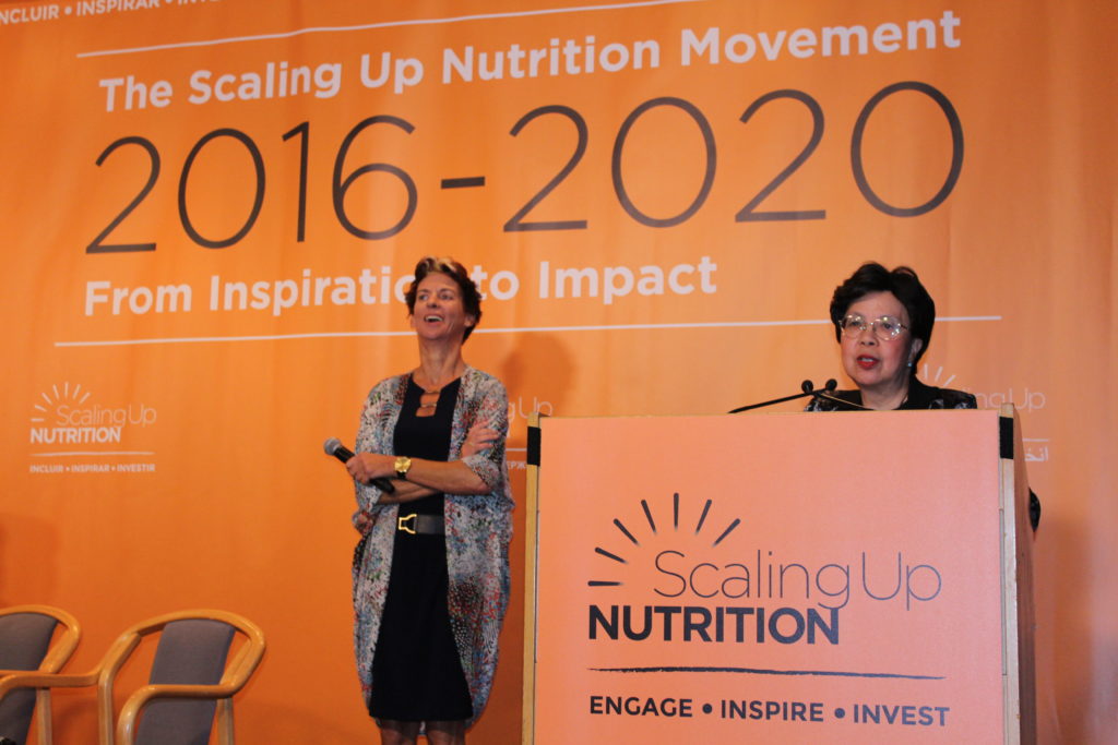 Margaret Chan, Director General of the World Health Organisation, addresses the audience at the SUN Movement Strategy and Roadmap launch event at UNICEF House, New York. 