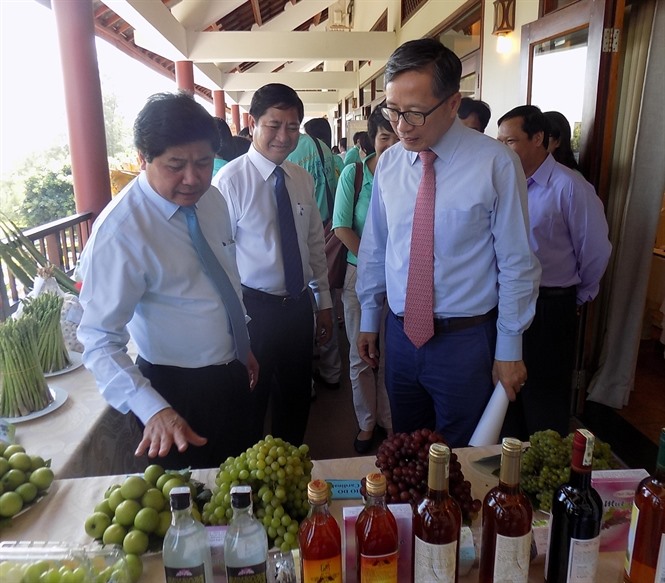Deputy Minister of Agriculture and Rural Development Lê Quốc Doanh (left) introduces some food to FAO guests, at an event held in southern Ninh Thuận Province on Friday to mark World Food Day in Việt Nam. — Photo nongnghiep.vn