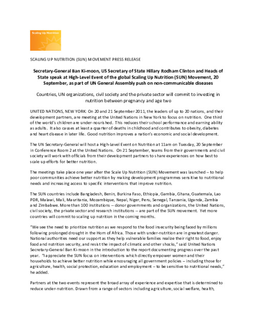 Press Release: SUN at UNGA (September 2011) | Scaling Up Nutrition
